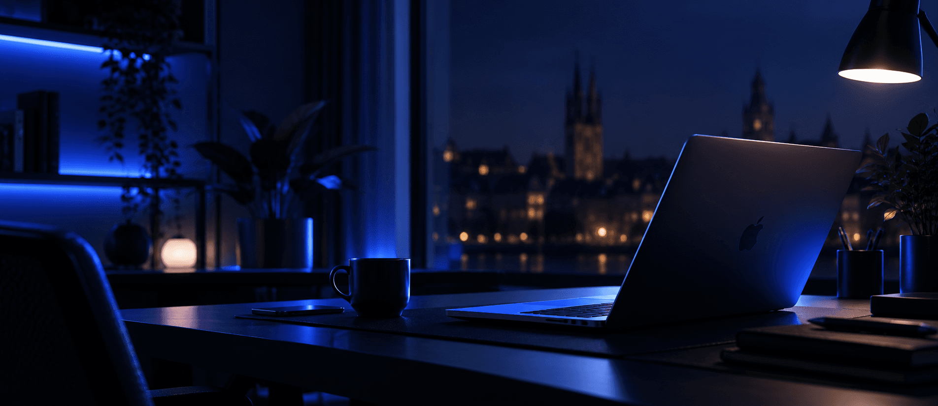 A laptop on a warm, lamp-lit desk showing the Red Harbor Studios website.